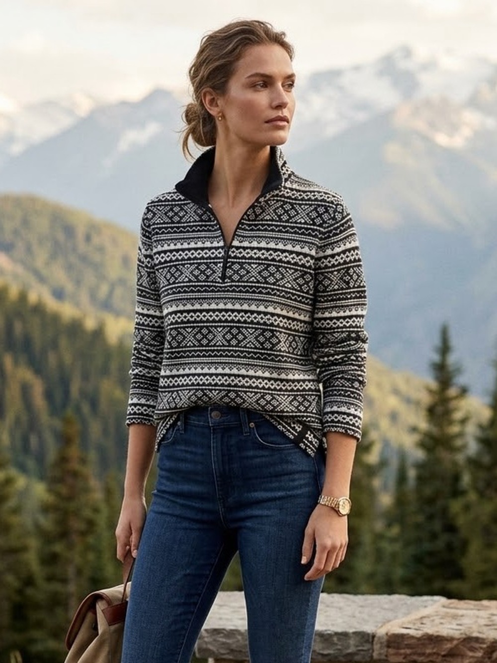 Lauren Active Ralph Lauren Black White Fair Isle 1/4 Zip L Preppy Heritage